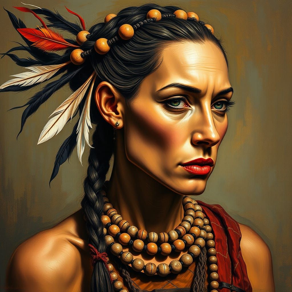 Beautiful woman dressed in 5500 B.C. fashion and wearing hai...