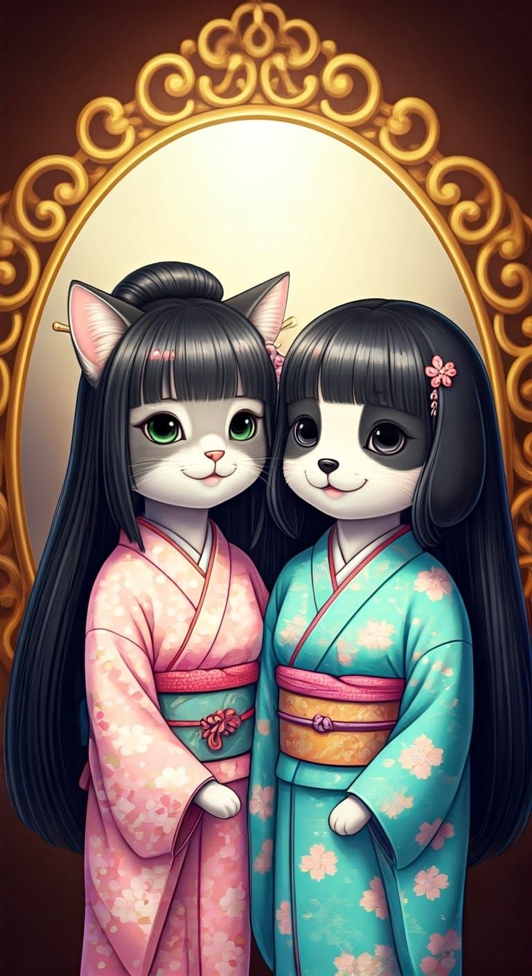 Kitten and Puppy Friends in Kimonos, Whimsical Illustration