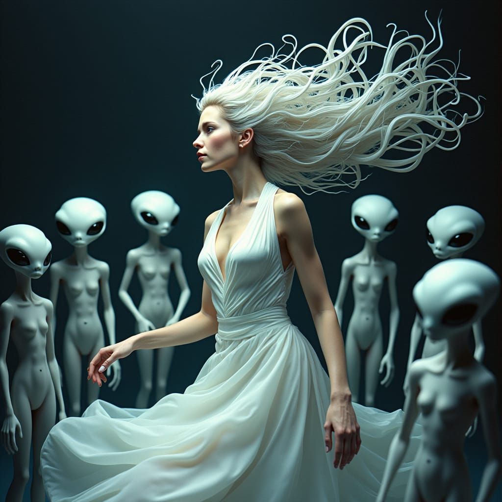 Ethereal Woman Floating Among Iridescent Aliens