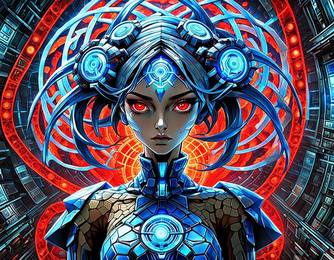 Cyborg Anime Girl in Cyberpunk Dystopian Metropolis