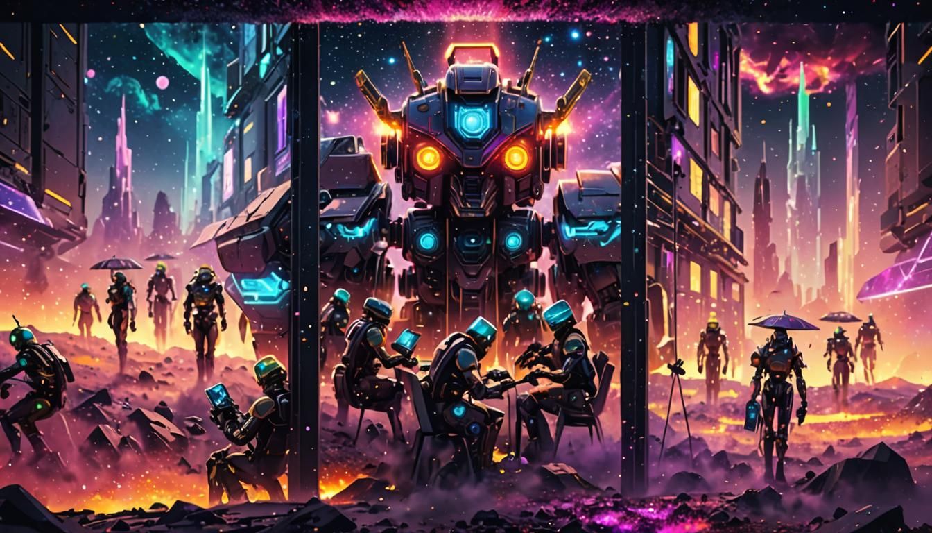 Colossal Robot Emerges in Neon Cosmic Landscape