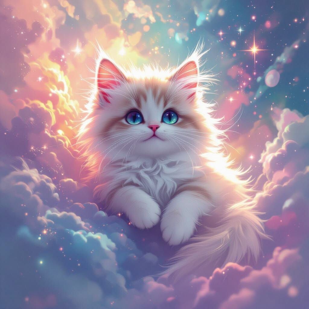 Fluffy Space Kitty in Electric Pastel Cosmos