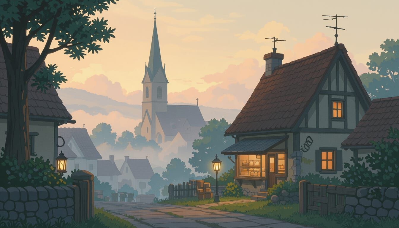 Misty Village Scene Inspired by Anime Masters