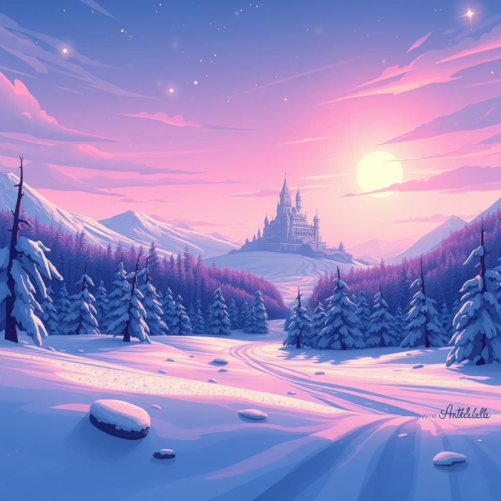 Snowy Arendelle Landscape with Ice Palace, Anime Style