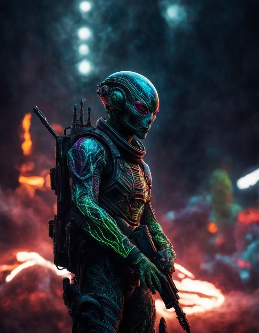 Chemiluminescent Alien Soldier with Intricate Veins