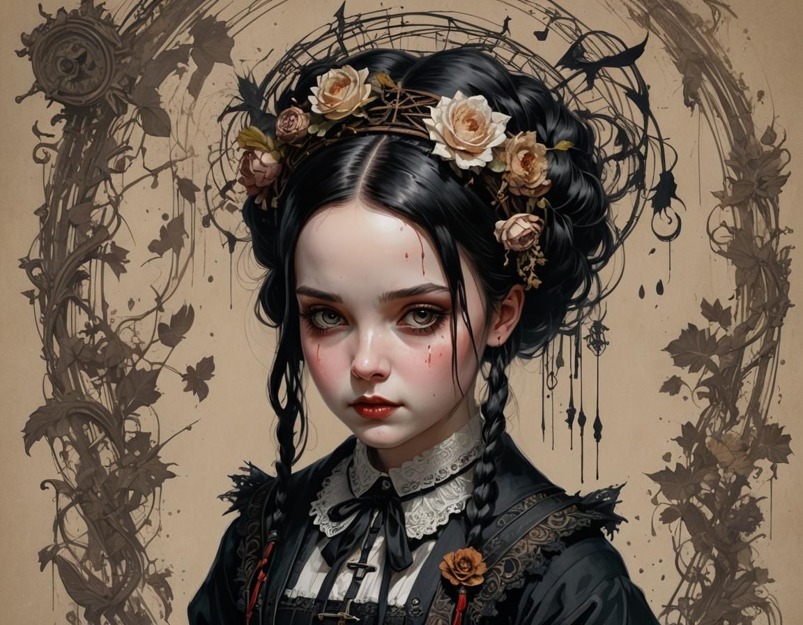 Gothic Wednesday Addams Digital Illustration