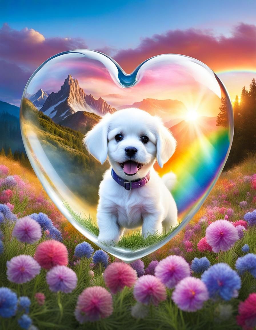 Cute Puppy in Glass Heart on Watercolor Mountain Sunset