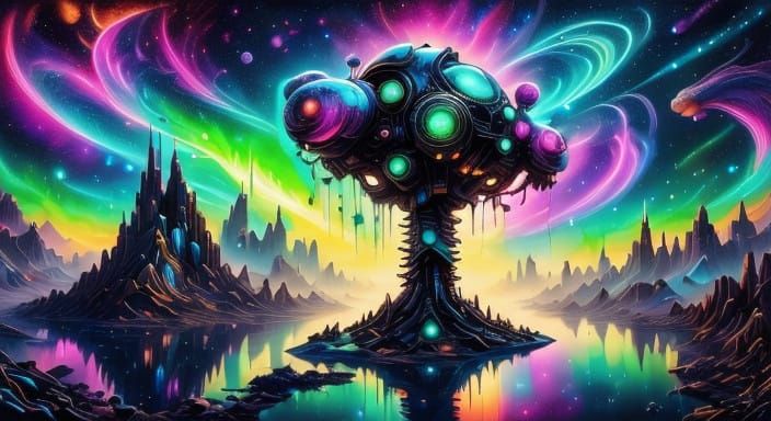 Surreal Cyberpunk Cityscape at Dawn Amidst a Futuristic Fogg...