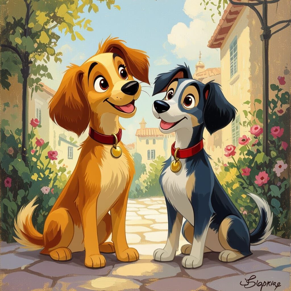 Anime Lady and Tramp Dogs in Oil Painting Style
