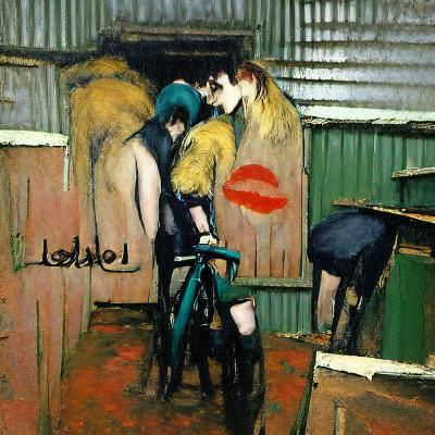 Lovers' Embrace in Bike Shed: Acrylic Painting