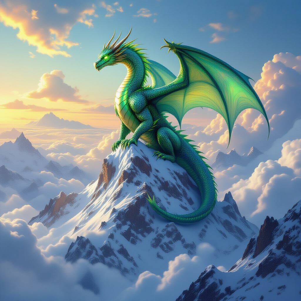 Colossal Iridescent Dragon on Snowy Mountain Peak