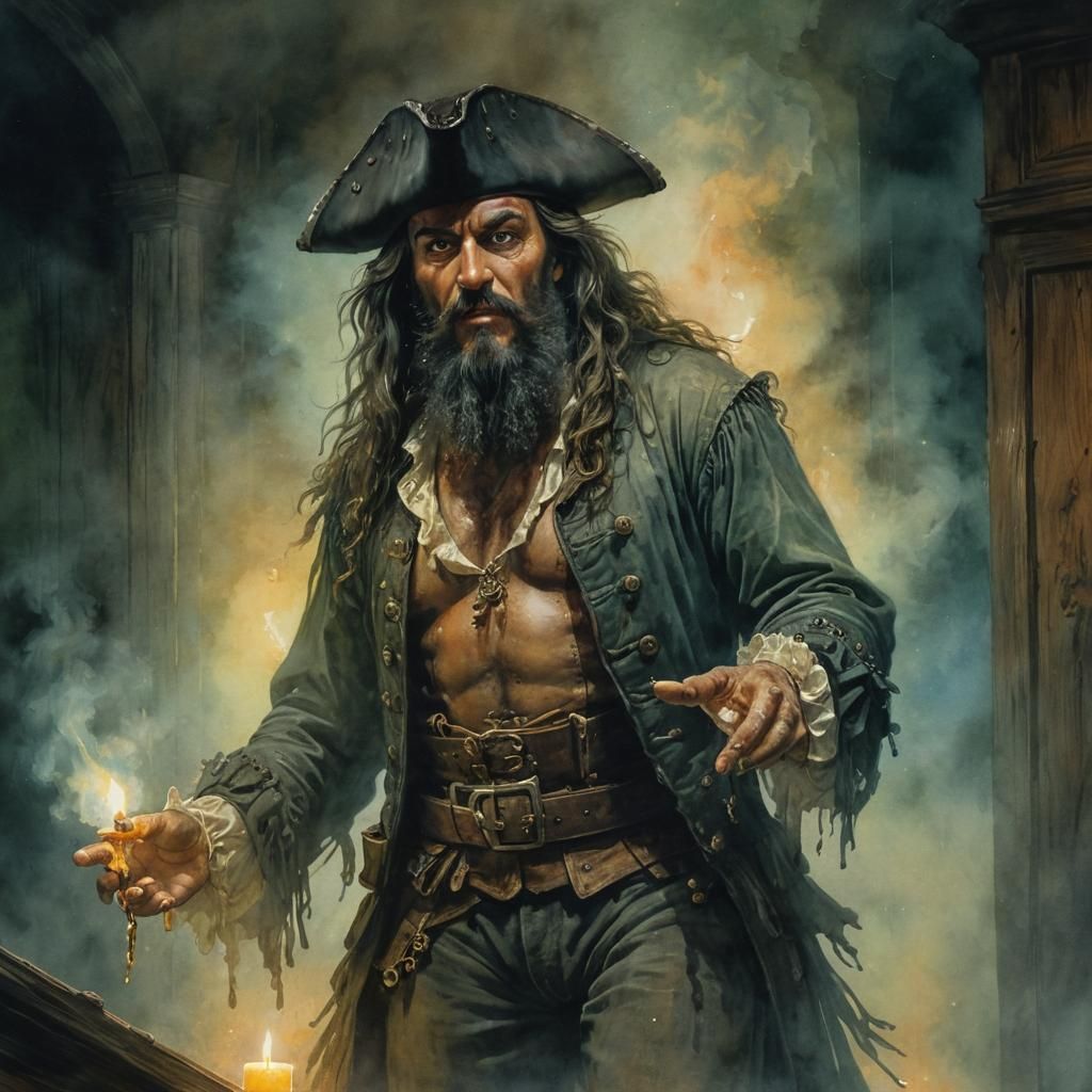 Ghostly Blackbeard Portrait in Watercolor Style