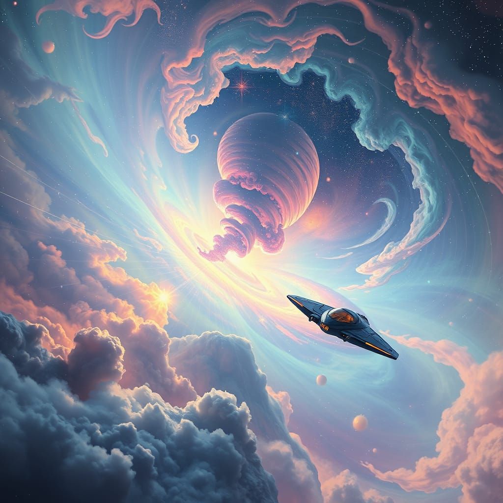 Glowing Spaceship Soars Through Vibrant Starry Galaxy