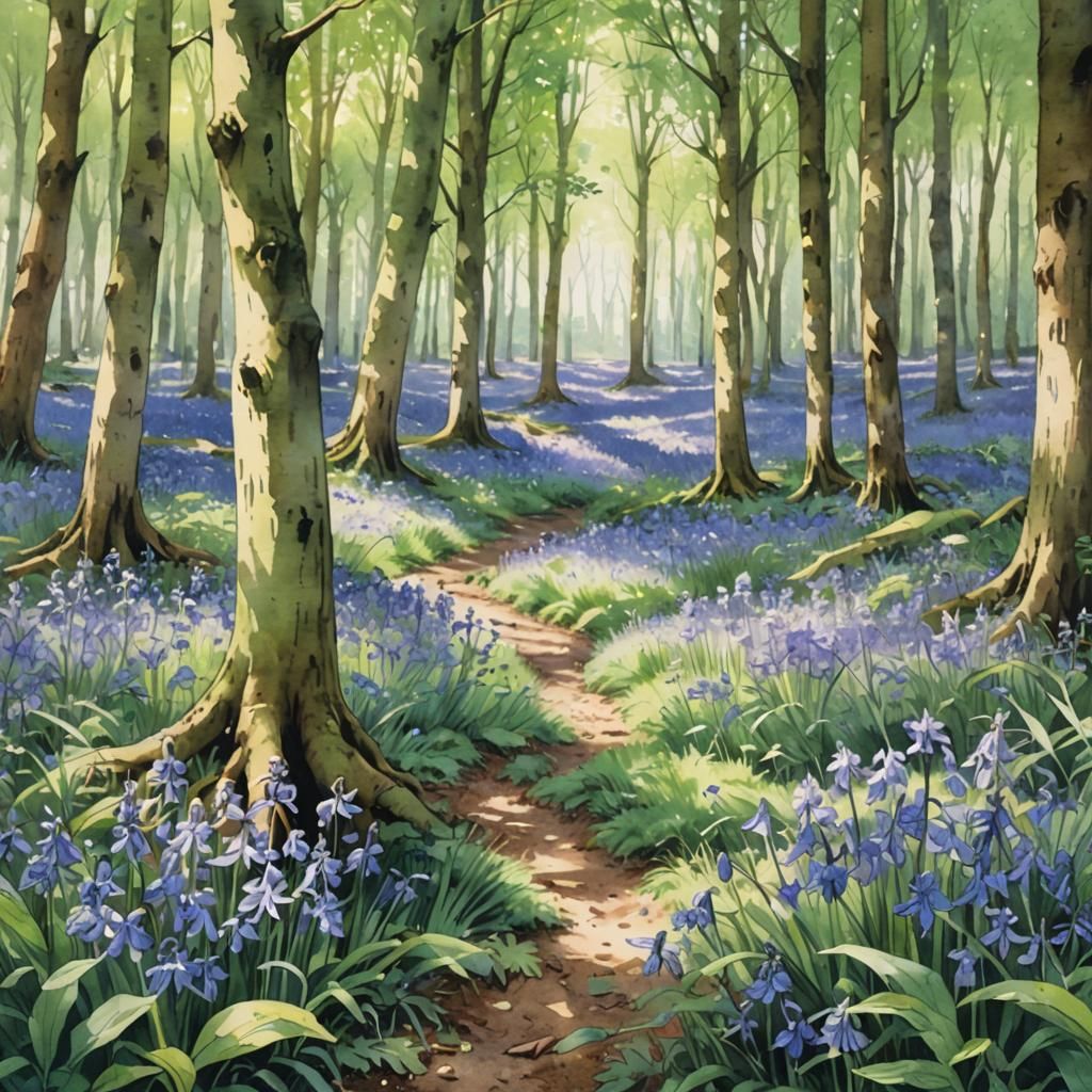 Bluebells in Woodland: Anime-Inspired Watercolour
