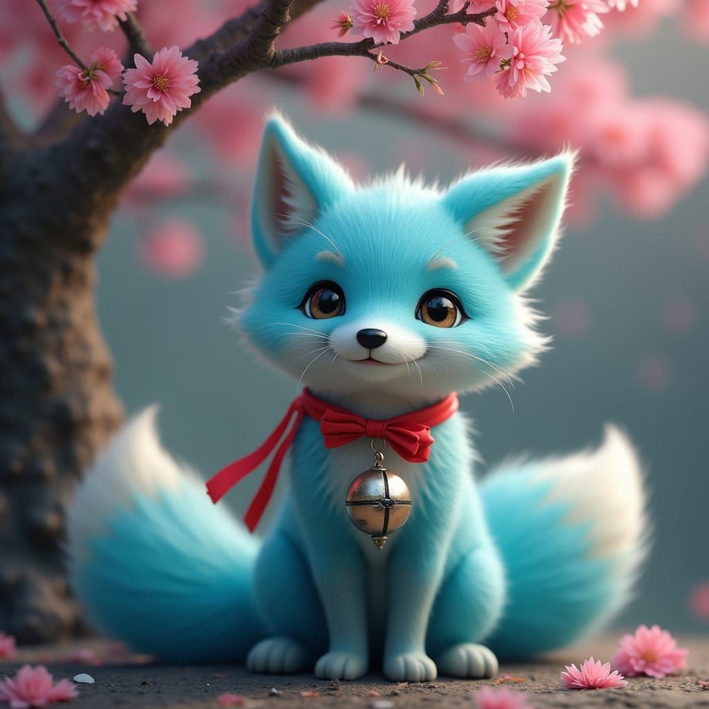 Turquoise Three-Tailed Fox Under Cherry Blossoms