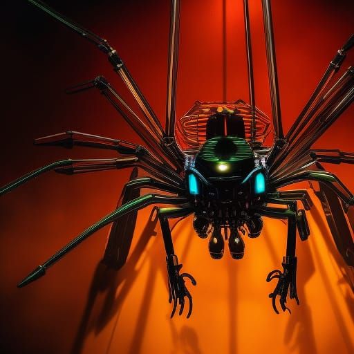 Mechanical Spider on Neon Web in Cyberpunk Style