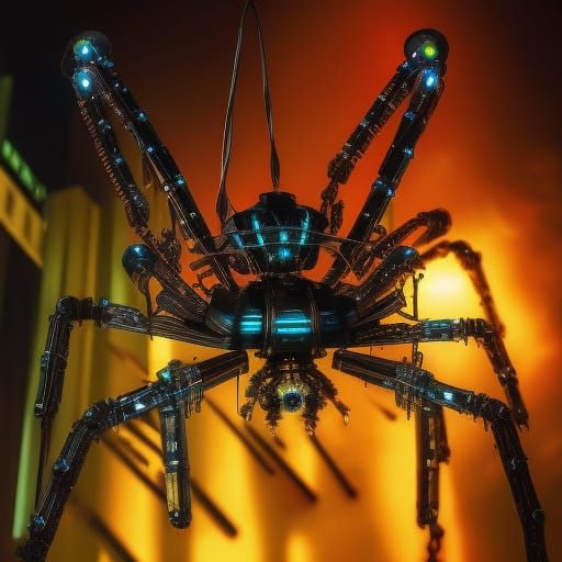Cyberpunk Mechanical Spider Confronts Dark Neon Web in Hyper...