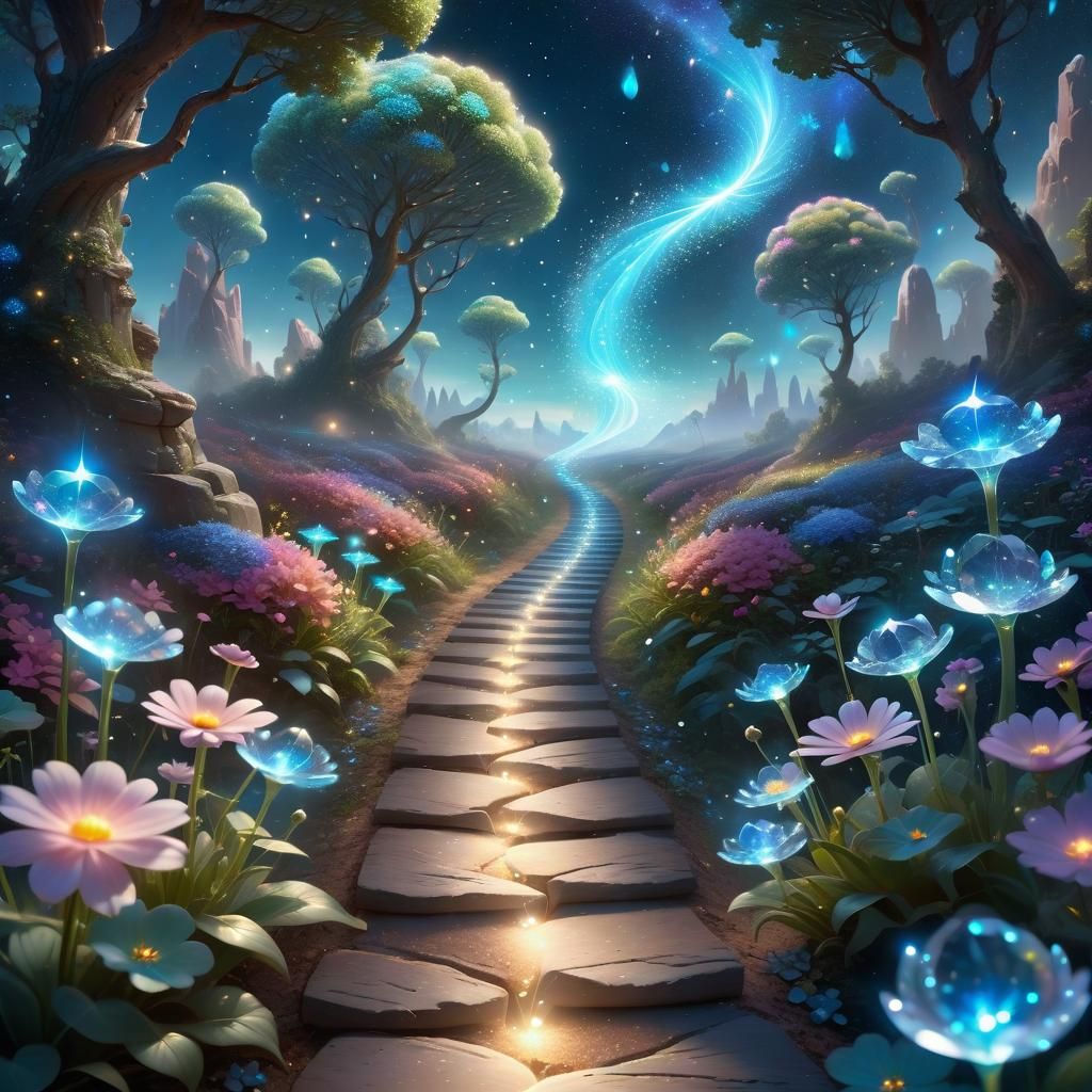 Magical Crystal Path to Bioluminescent Galaxy: Pixar Style