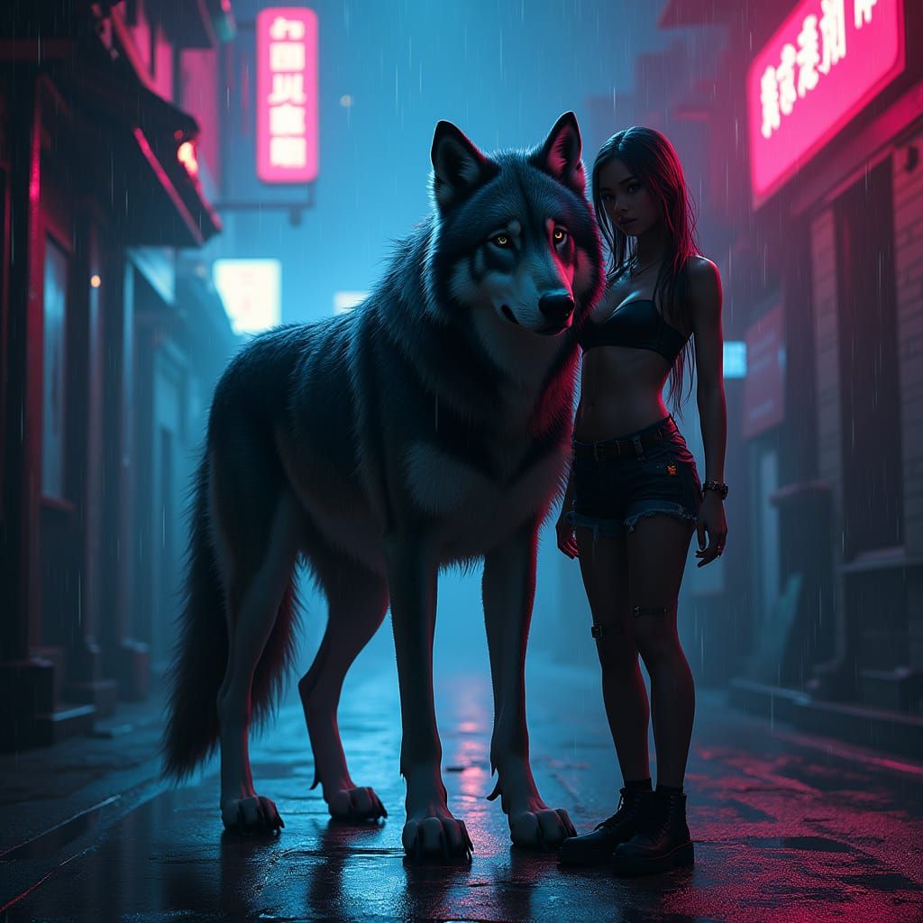 Cyberpunk Wolf Pair in Neon Alleyway