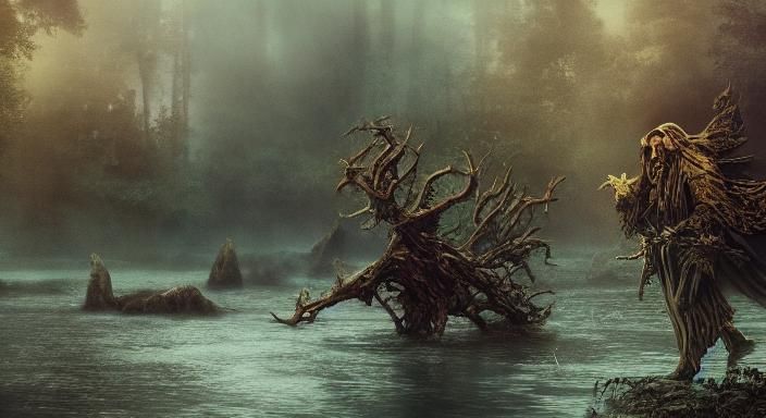 Mystical Figure by Ominous Lake in Dark Forest