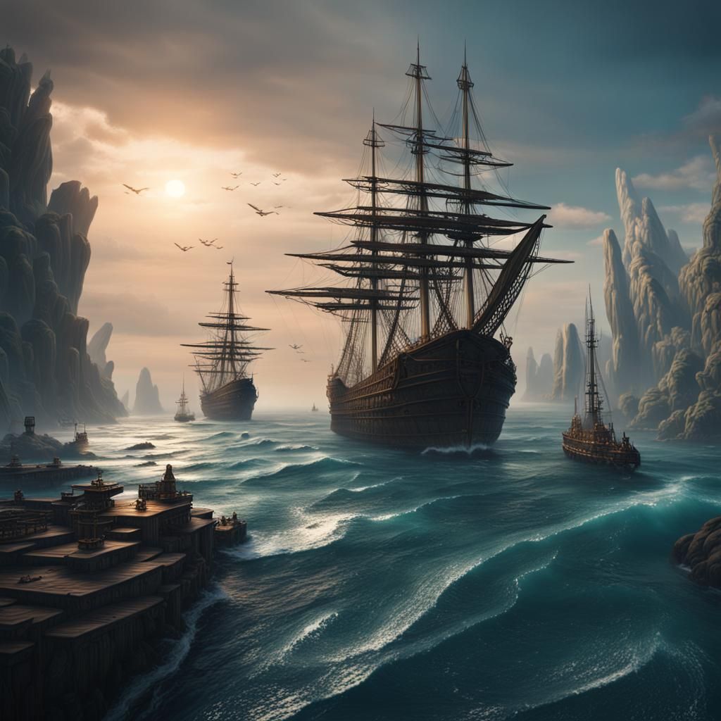 Ocean Landscape with Ships as Detailed Matte Painting