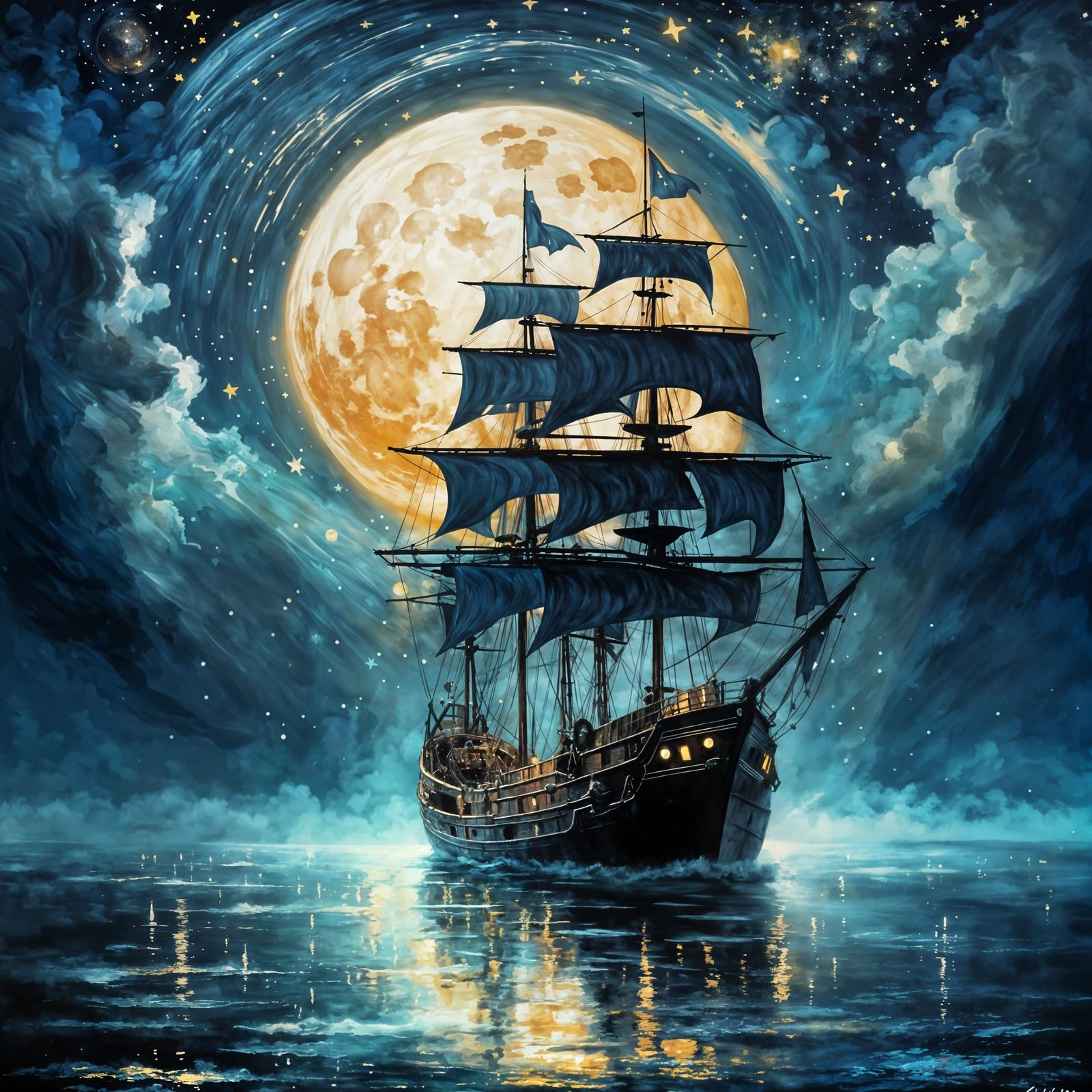 Impressionist Night Seascape with Lone Medieval Ship