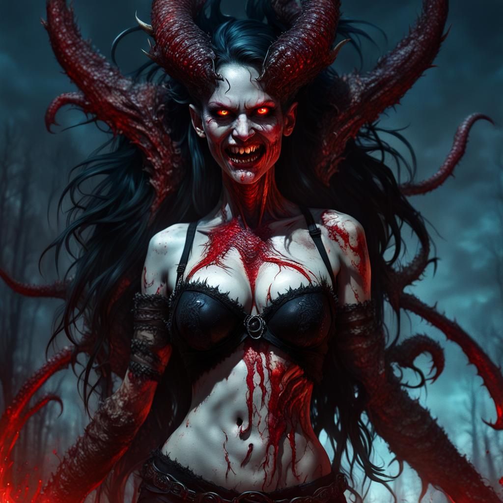 Sinisterly Beautiful Demon Lilith in Bloody Horror Art