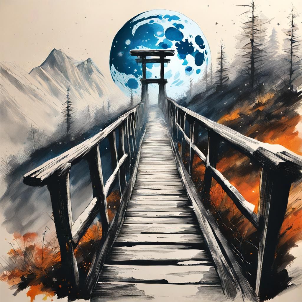 Snowy Rope Bridge Under Moonlight: Digital Landscape