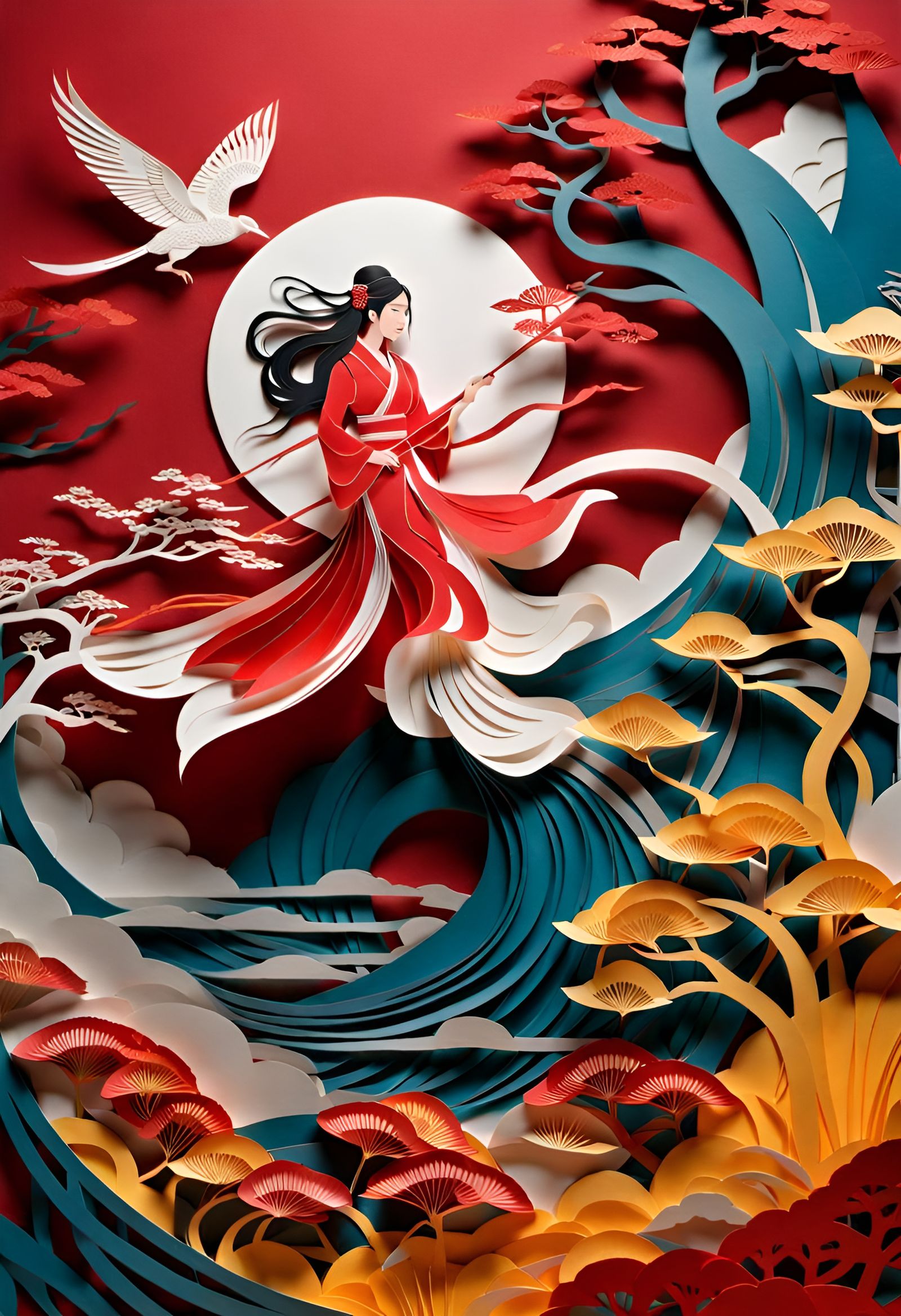 A fascinating art nouveau paper cutout of an iconic story of an Asian woman.