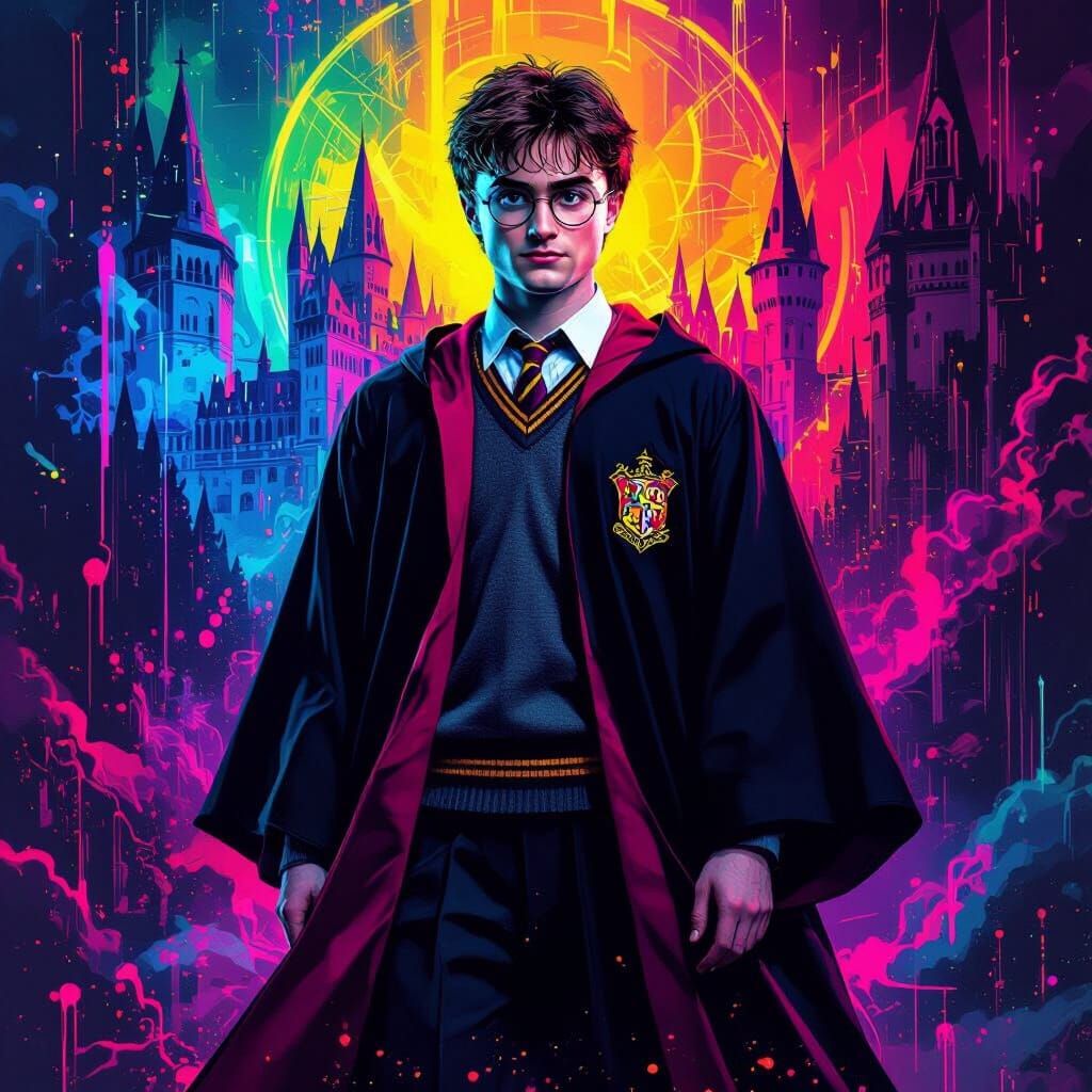Harry Potter in Transylvania with Neon Sci-Fi Elements