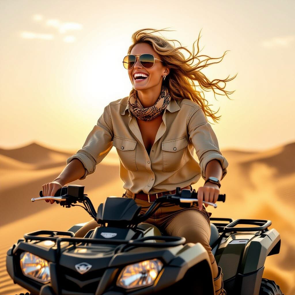 Golden Sahara Ride: Hyperrealistic Desert Adventure