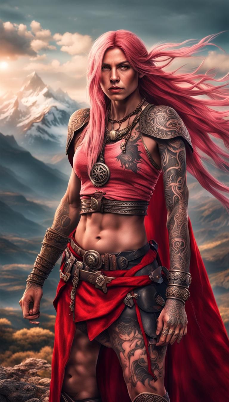 Warrior Woman with Pink Hair and Red Cape