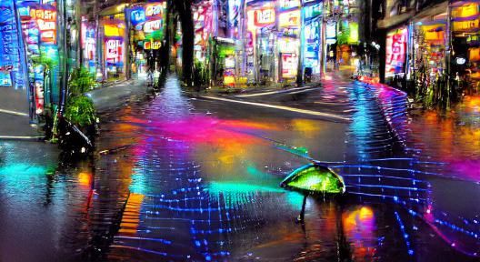 bright neon lights of a Tokyo street on a raining night beautiful artwork iridescent