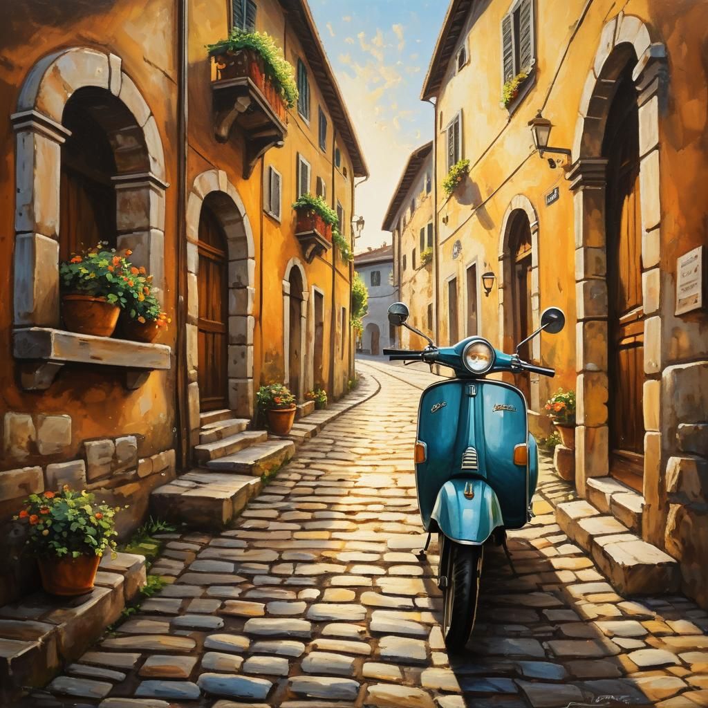 Vintage Scooter in Quaint Village: Italian Renaissance Paint...