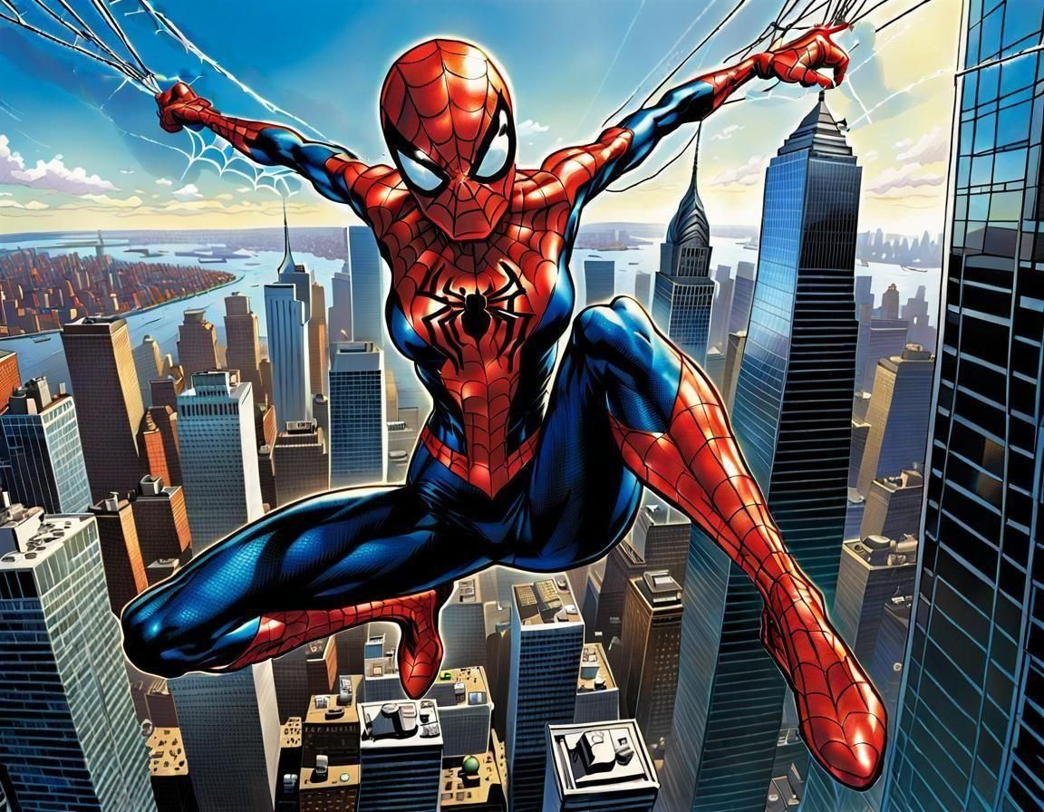 Spider-Girl Gripping Web-Lines Above Manhattan