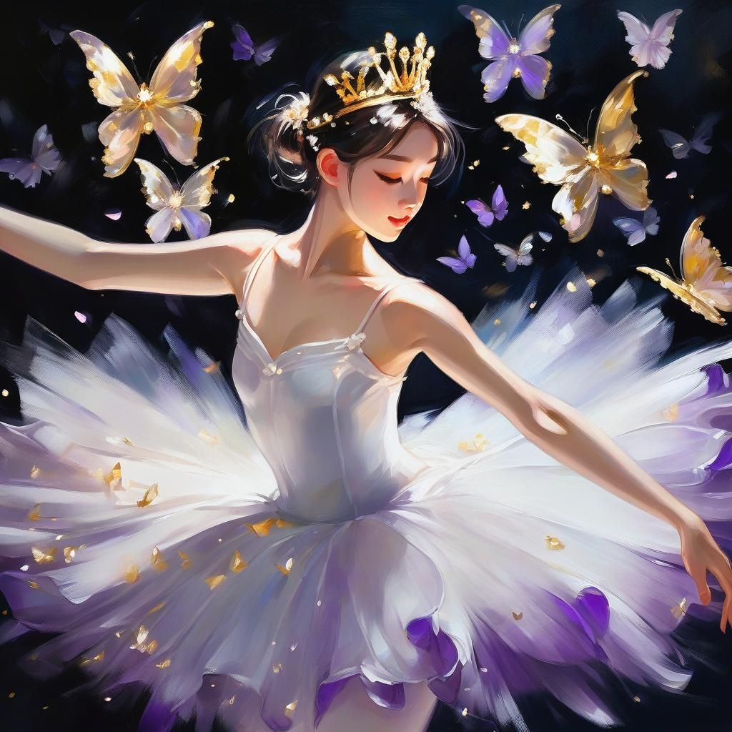 Impressionist Anime Ballerina with Butterflies
