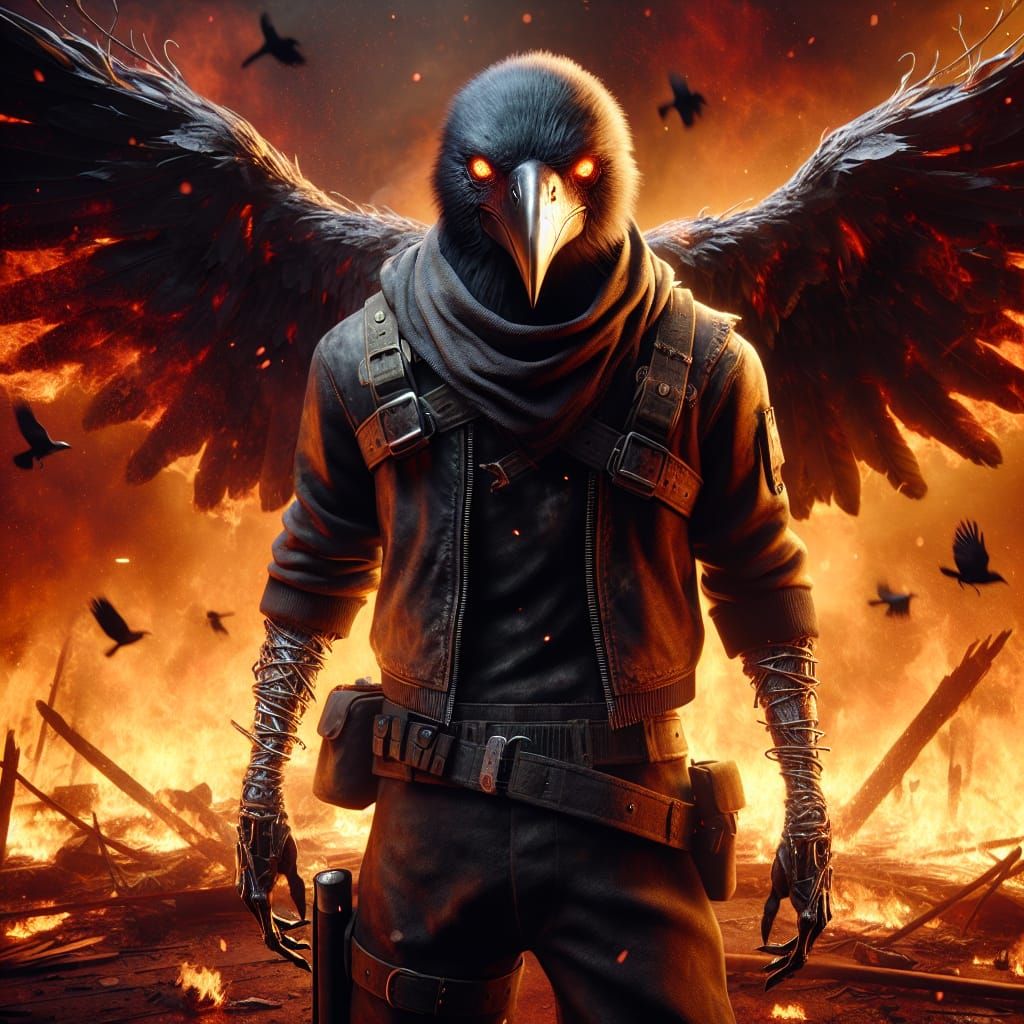Ominous Anthropomorphic Crow in a Flaming Apocalypse