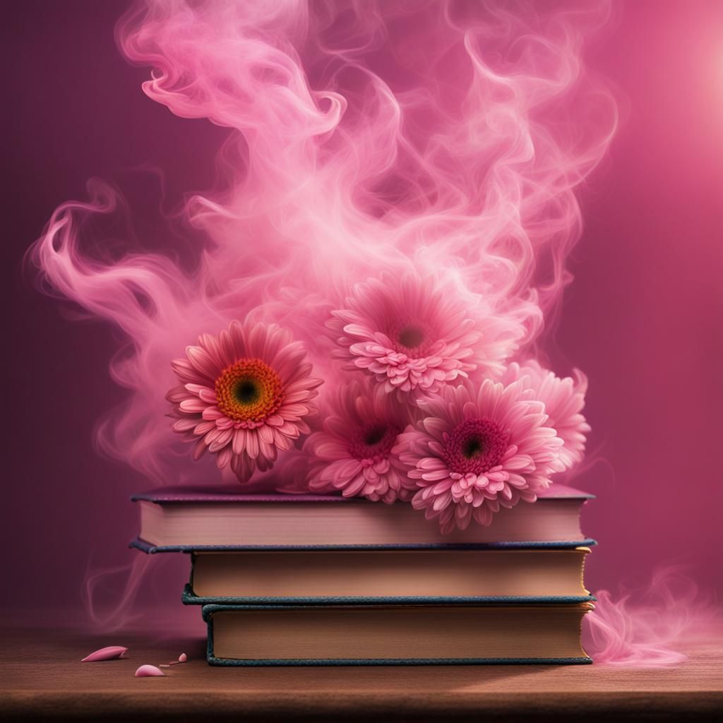 Hyperrealistic Flowers and Books with Pink Smoke
