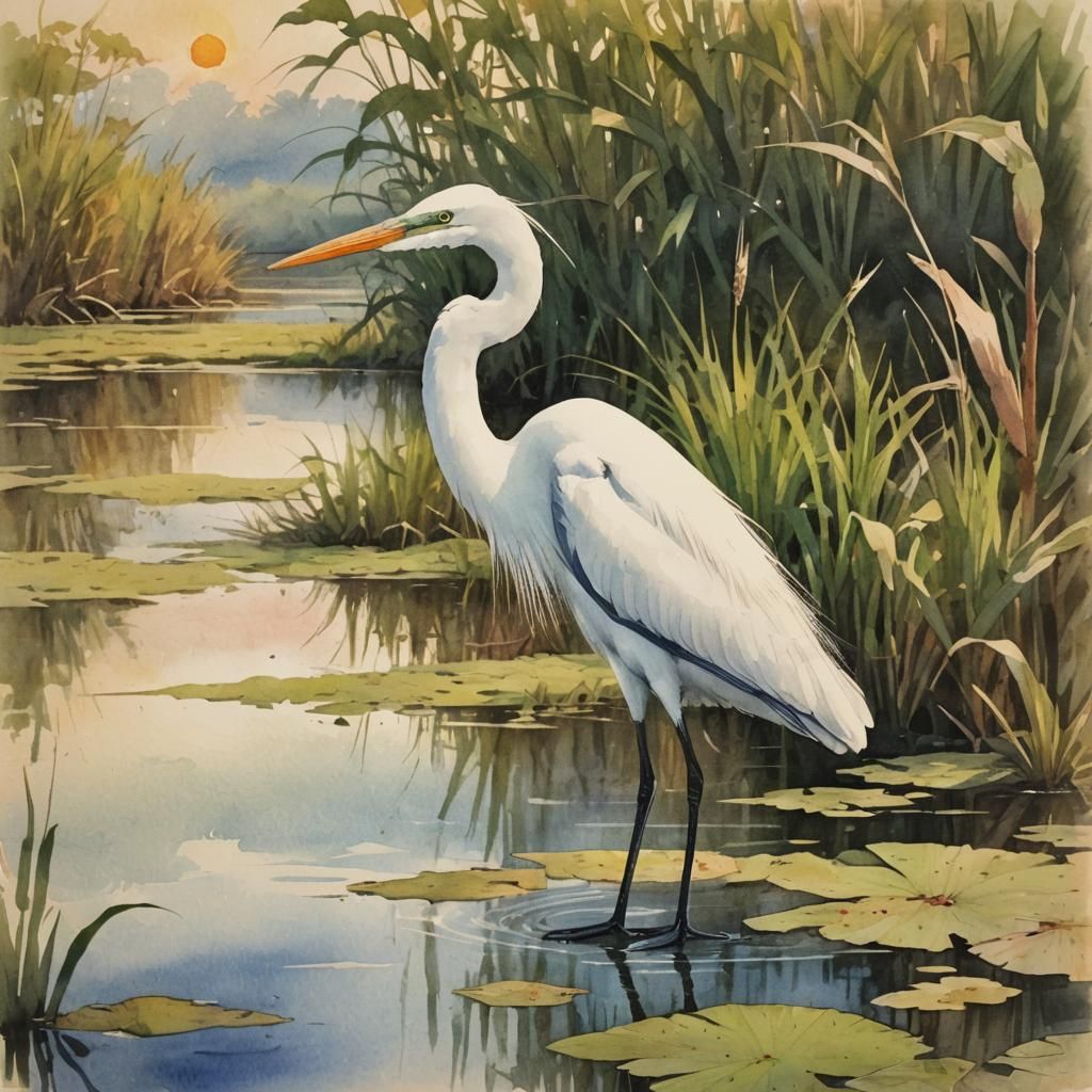 Great Egret in Wetland Marsh: Vintage Watercolor