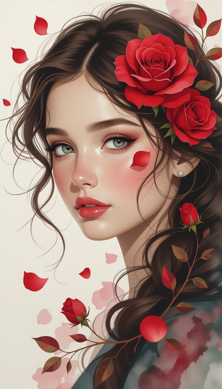 Woman and Rose Double Exposure in Mixed Media Style