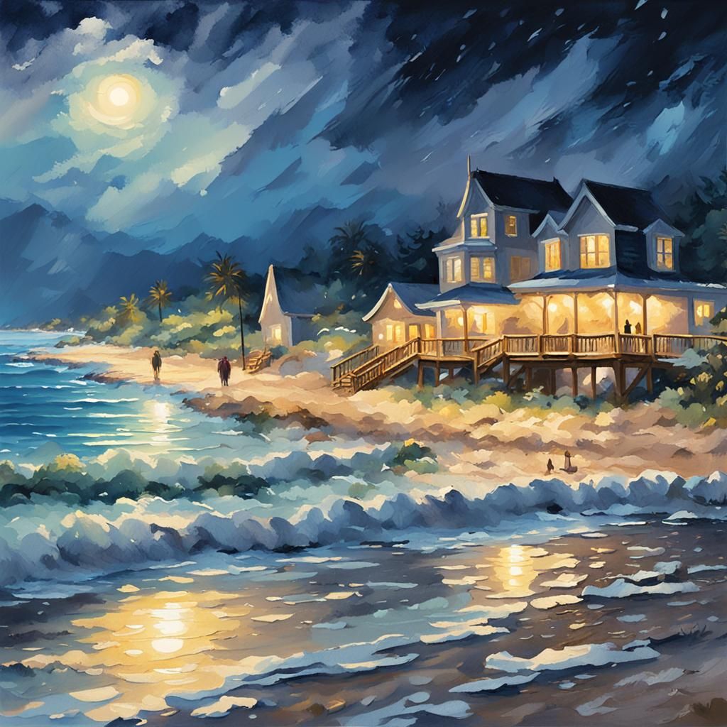 Night Beach Scene in Gouache Impressionist Style