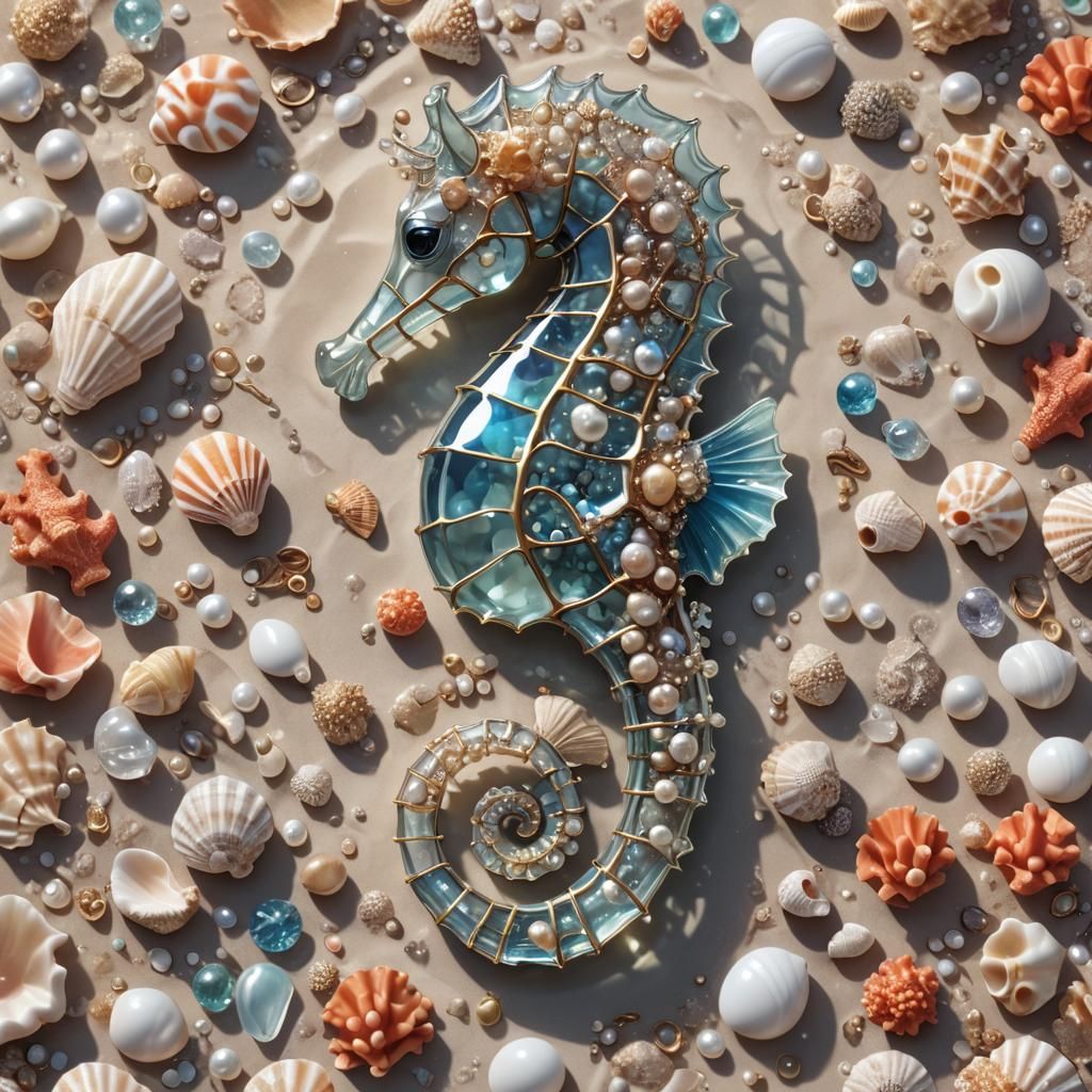 Glass Seahorse with Seashells: 3D Anime Art