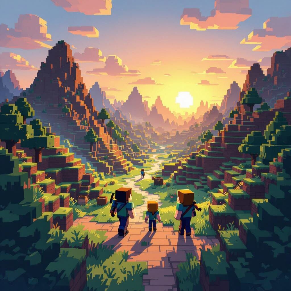 Pixelated Adventure Landscape in Minecraft Style