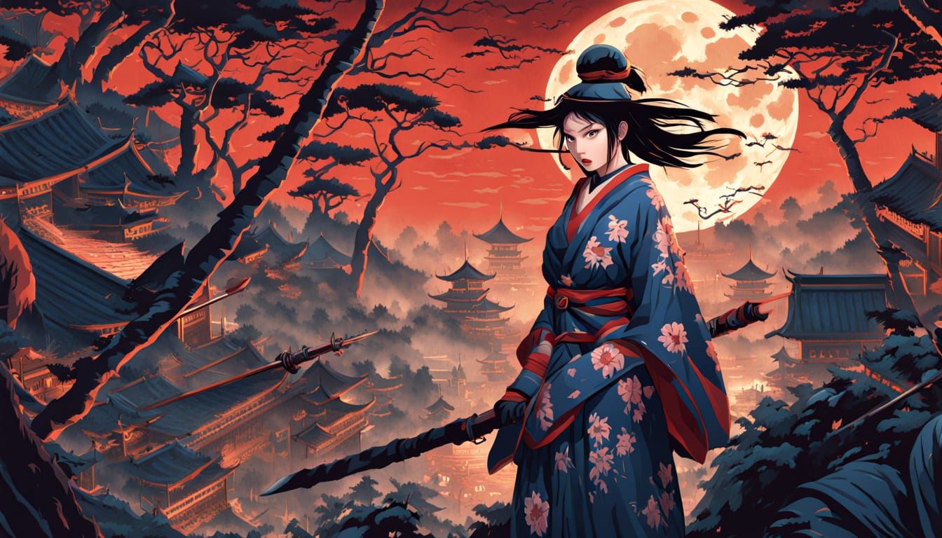 Samurai Surrounded by Ninja in Neo-Ukyio-e Style