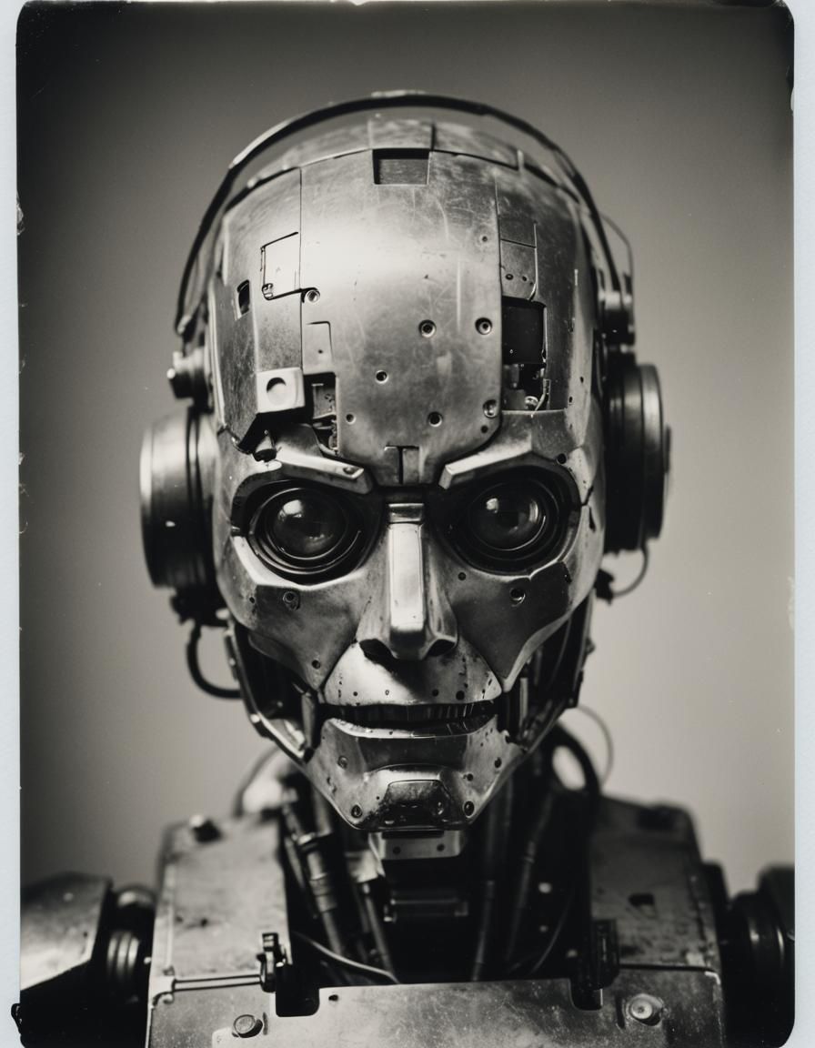 Monochrome Robot Portrait in Polaroid Style