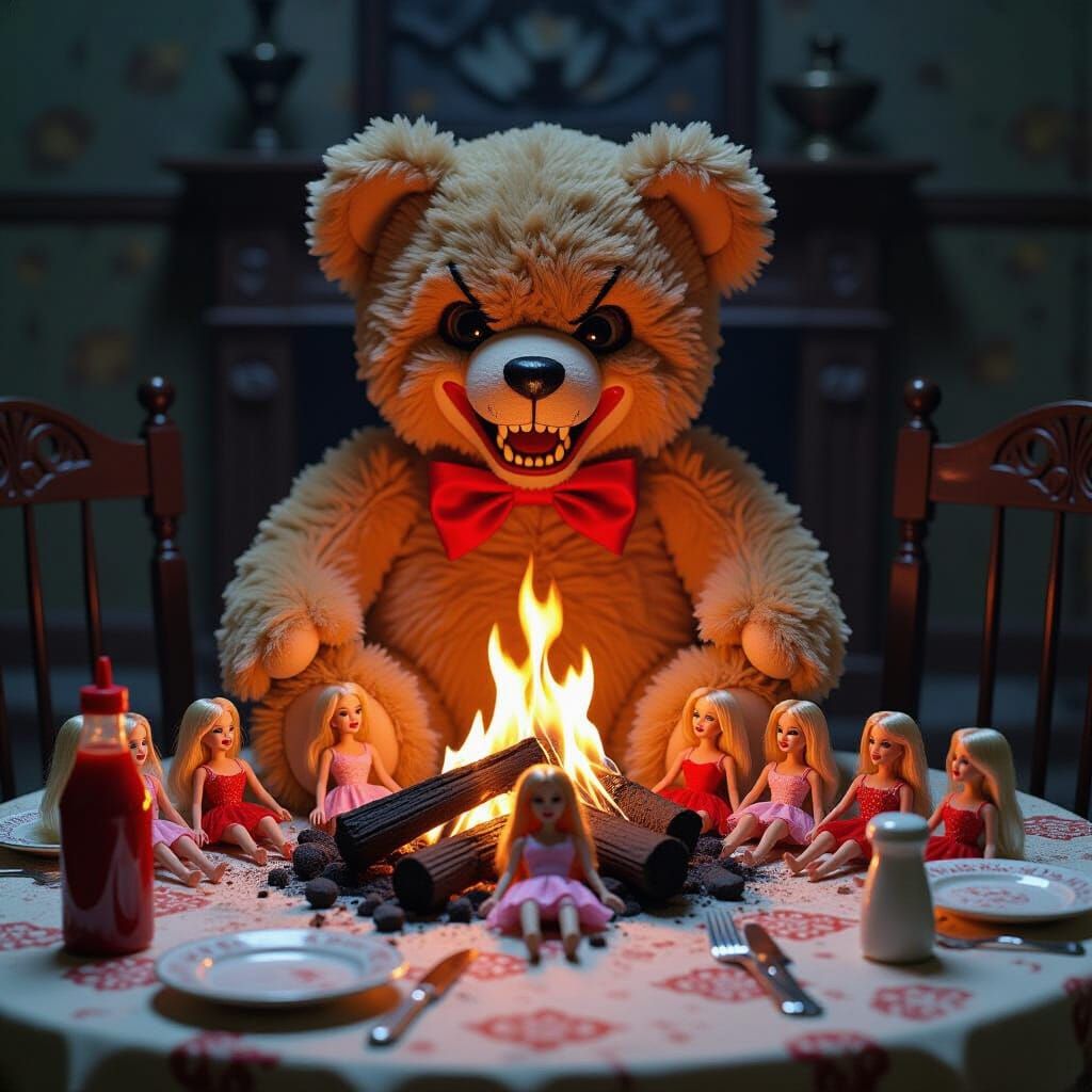 Maniacal Bear Burns Barbie Doll in Fireplace