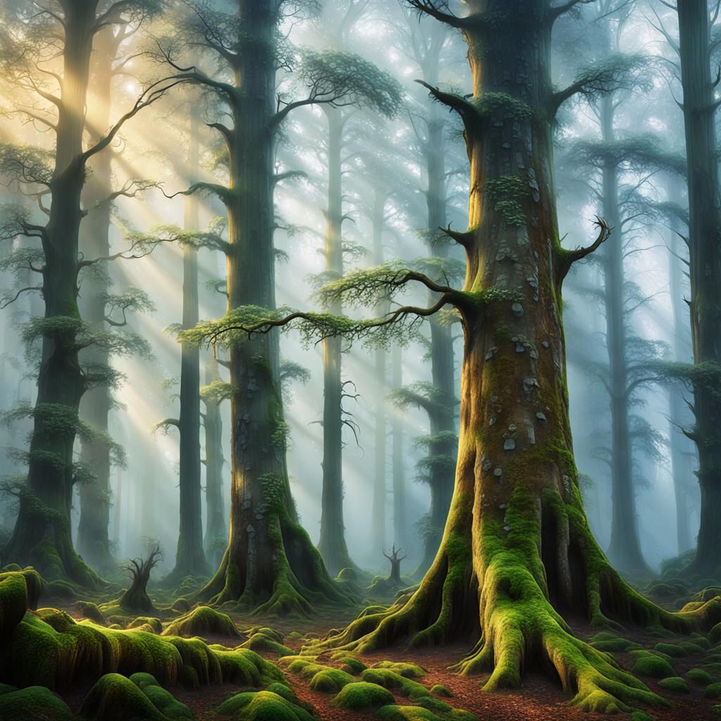 Ethereal Misty Forest at Dawn in Watercolor Style