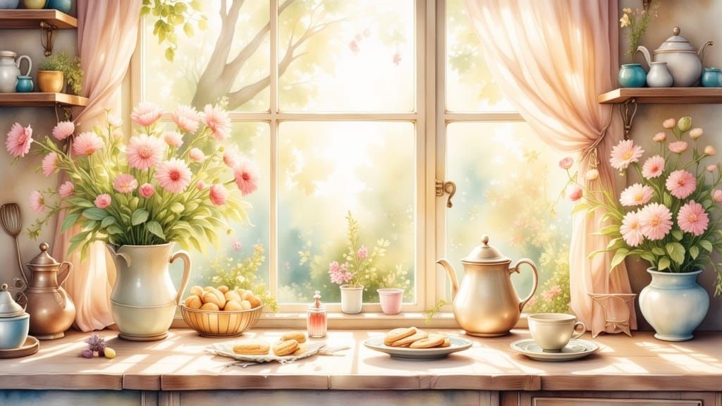 Cozy Watercolor Kitchen with Coffee and Cookies