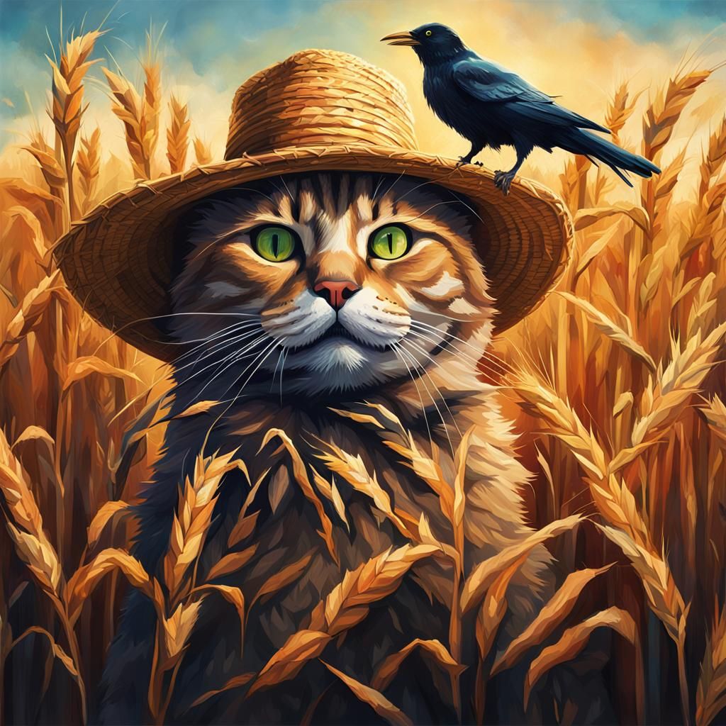 Hyperrealistic Scarecrow Cat in Cornfield Concept Art