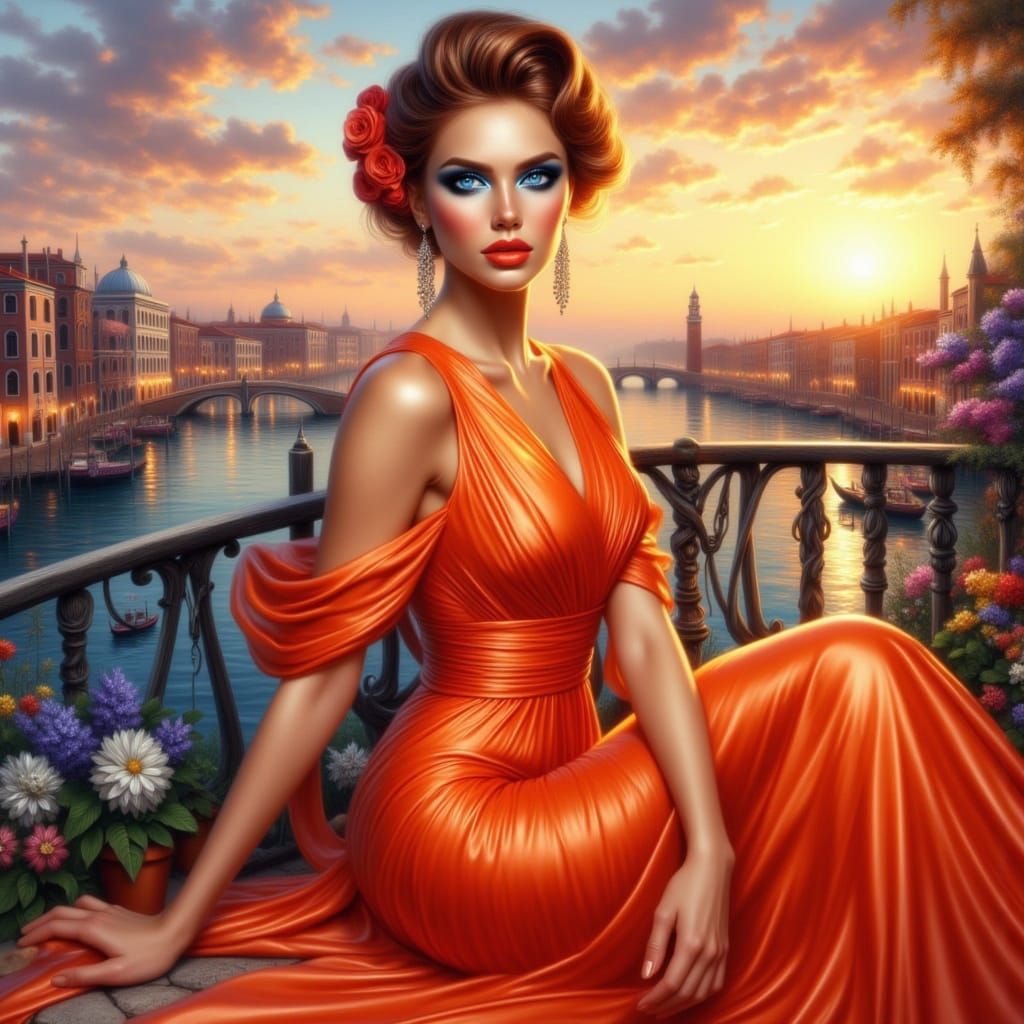 Elegant Woman on Venice Terrace as Oil Painting